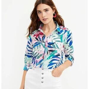 LOFT Tropical Floral Button Down Shirt Size Medium 100% Cotton Blouse Vacation